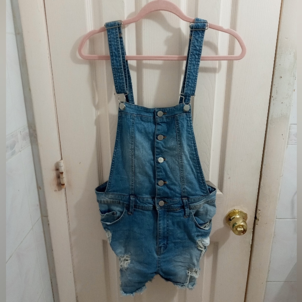 Harper Women's Blue Distressed Denim Overalls with Front Bib Size Large